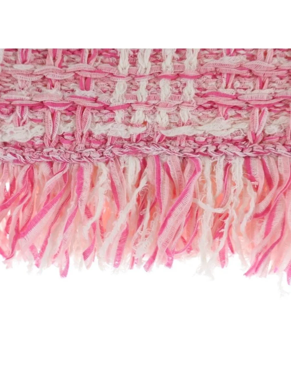 Chanel Tweed Fringe Skirt CC Logo Button Pink White